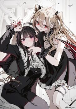 Rule 34 | 2girls, akatsuki mikoto, aoi rei, black dress, black hair, black pantyhose, black veil, blue eyes, breasts, brown hair, cleavage, closed mouth, cross, cross necklace, dress, highres, jewelry, kudo eru, long hair, medium breasts, multiple girls, nail polish, necklace, nun, original, pantyhose, parted lips, red nails, smile, twitter username, two side up, veil