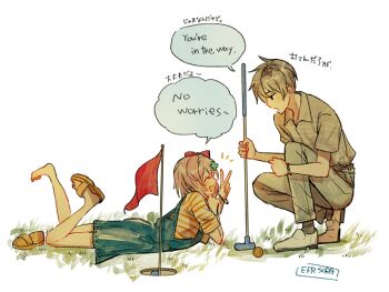 1boy 1girl ball bow closed_eyes clover_hair_ornament collared_shirt commentary doki_doki_literature_club english_text feet_up flag four-leaf_clover_hair_ornament golf_ball golf_club grass hair_bow hair_ornament holding holding_golf_club left_shoe_removed lying minigolf mixed-language_text on_stomach overall_shorts overalls pants putter red_bow sandals sayori_(doki_doki_literature_club) shirt short_hair signature single_sandal slip-on_shoes smile sora_(efr) striped_clothes striped_shirt translation_request untranslatable_commentary