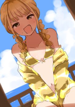 1girl absurdres arms_between_legs bare_shoulders bikini blonde_hair blush bow braid breasts commentary_request dutch_angle fang front-tie_bikini_top front-tie_top fujita_kotone gakuen_idolmaster gold_bikini gold_jacket hair_bow highres idolmaster jacket jacket_partially_removed long_hair looking_at_viewer navel nervous_sweating small_breasts solo stomach sweat swimsuit twin_braids yellow_bow yellow_eyes yuki_(7thphoneme)
