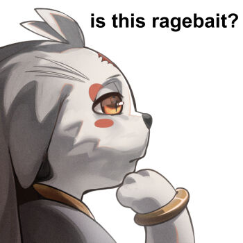 ? abby_(wuthering_waves) bracelet closed_mouth commentary creature earrings english_commentary facial_mark floppy_ears from_side jewelry leppib nose symbol-shaped_pupils tacet_mark_(wuthering_waves) tape tassel tassel_earrings thinking white_background wuthering_waves yellow_eyes