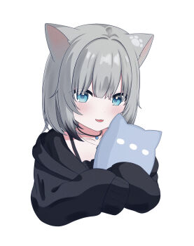 Rule 34 | 1girl, animal ears, blush, cat ears, cat girl, commentary request, cropped torso, grey hair, highres, hood, hugging object, indie virtual youtuber, long sleeves, looking at viewer, nachoneko, simple background, sleeves past fingers, sleeves past wrists, solo, tcponmaru, virtual youtuber, white background