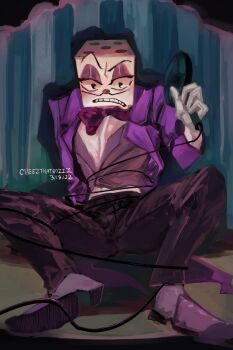 1boy bow bowtie cheezthatboiii cuphead_(game) dice dress_shoes eyeshadow formal_clothes highres king_dice makeup pants purple_bow purple_bowtie purple_eyeshadow purple_pants purple_suit solo suit
