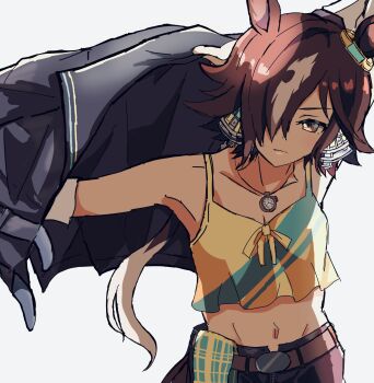 1girl animal_ears armpits arms_up black_jacket black_shoes breasts brown_hair camisole cleavage closed_mouth commentary_request hair_over_one_eye highres horse_ears horse_girl imooo4x jacket light_frown looking_at_viewer midriff navel one_eye_covered shoes simple_background small_breasts solo split_mouth umamusume upper_body vodka_(umamusume) vodka_(wild_top_gear)_(umamusume) white_background white_streaks yellow_camisole