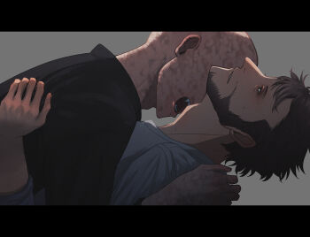 2boys bags_under_eyes bald beard black_shirt blush brown_hair commentary_request deadpool deadpool_&amp;_wolverine deadpool_(series) doghooouse facial_hair fangs green_eyes highres imminent_bite male_focus marvel marvel multiple_boys muscular muscular_male open_mouth scar scars_all_over shirt short_hair sweat teeth too_many wolverine_(x-men) x-men yaoi