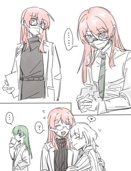 ... 3girls :3 aai90722545007 bang_dream! bang_dream!_it&#039;s_mygo!!!!! black_necktie black_sweater chihaya_anon fang glasses green_eyes green_hair highres kaname_raana long_hair mask mouth_mask multiple_girls necktie open_mouth pink_hair short_hair simple_background spoken_ellipsis sweater white_background