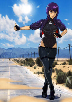 black_leotard curvy ganassa ghost_in_the_shell ghost_in_the_shell:_sac_2045 highleg highleg_leotard highres hitchhiking kusanagi_motoko leotard leotard_under_clothes lowleg lowleg_pants nipples_visible_through_shirt pants wide_hips