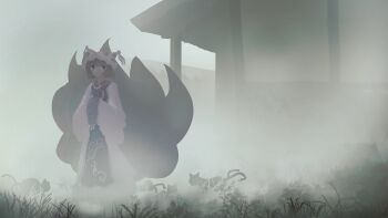 1girl absurdres animal_ear_headwear animal_hat black_cat blonde_hair blue_tabard cat commentary_request dress fake_animal_ears fog fox_girl fox_tail frilled_hat frills grass hands_in_opposite_sleeves hat highres kitsune kyuubi long_sleeves mob_cap multiple_tails outdoors short_hair tabard tail touhou two_tails ushitsuchi white_dress white_hat yakumo_ran