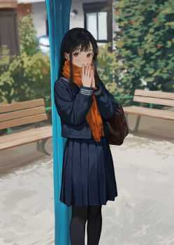 Rule 34 | 1girl, akipeko, bag, bench, black hair, black pantyhose, blue shirt, blue skirt, blunt bangs, blush, brown bag, brown eyes, bush, commentary request, feet out of frame, highres, long hair, long sleeves, looking at viewer, orange scarf, original, outdoors, pantyhose, parted lips, pleated skirt, scarf, school bag, school uniform, shirt, sidelocks, skirt, solo, steepled fingers