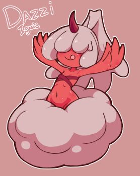 1girl alternate_element armpits arms_up bare_shoulders budget_sarashi character_name closed_mouth collarbone covered_eyes dazzi english_text female_focus flat_chest grey_hair groin hair_over_eyes happy high_ponytail highres horns licking_lips masked_agent navel outline outstretched_arms palworld ponytail red_background red_horns red_theme sarashi shiny_skin sidelocks simple_background single_horn smile solo spread_arms stomach tongue tongue_out white_outline