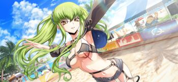 1girl beach bikini black_bikini blue_sky blush breasts c.c. code_geass code_geass:_lost_stories commentary_request f4samurai game_cg green_hair highres long_hair looking_at_viewer medium_breasts official_art sky smile solo string_bikini summer swimsuit teeth very_long_hair yellow_eyes