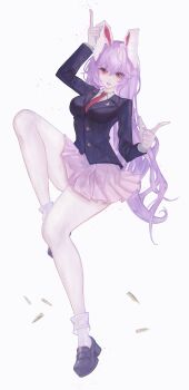 Rule 34 | 1girl, absurdres, animal ears, black jacket, commentary, full body, highres, index finger raised, jacket, long hair, looking at viewer, minamo kyoka, miniskirt, necktie, pink hair, pink skirt, pleated skirt, rabbit ears, rabbit girl, red eyes, red necktie, reisen udongein inaba, simple background, skirt, socks, solo, thighs, touhou, white background, white socks