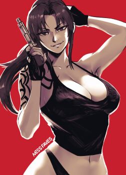 Rule 34 | 1girl, arm up, artist name, black gloves, black lagoon, black tank top, breasts, cleavage, commentary, crop top, english commentary, fingerless gloves, gloves, gun, hand on own head, highres, holding, holding gun, holding weapon, large breasts, long hair, looking at viewer, midriff, miss faves, navel, ponytail, red background, revy (black lagoon), seductive smile, shoulder tattoo, simple background, smile, solo, tank top, tattoo, thong, tribal tattoo, upper body, weapon