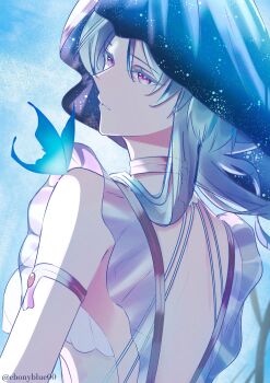 1girl absurdres blue_butterfly blue_hair blue_veil breasts bug butterfly colored_eyelashes commentary ebonyblue00 from_behind highres insect long_hair medium_breasts parted_lips purple_eyes shorekeeper_(wuthering_waves) solo symbol-only_commentary turning_head twitter_username upper_body veil wuthering_waves