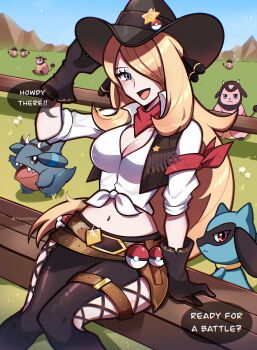 1girl absurdres bandaid bandaid_on_arm belt black_gloves blonde_hair blush breasts cleavage cow cowboy_hat cynthia_(pokemon) english_text gen_2_pokemon gen_4_pokemon gible gloves grey_eyes hair_ornament hat highres large_breasts long_hair looking_at_viewer miltank navel nintendo open_mouth pokemon pokemon_(creature) pokemon_dppt riolu shirt smile touyarokii twitter_username white_shirt
