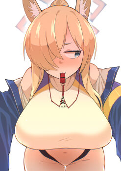 Rule 34 | 1girl, animal ear fluff, animal ears, armband, bare shoulders, blonde hair, blue archive, blue halo, blue jacket, blush, breasts, competition swimsuit, covered navel, dog ears, embarrassed, fatcat booster, hair between eyes, hair over one eye, halo, highleg, highleg one-piece swimsuit, highres, holding, holding whistle, jacket, kanna (blue archive), kanna (swimsuit) (blue archive), lanyard, large breasts, lifeguard, long hair, long sleeves, looking to the side, mouth hold, off shoulder, one-piece swimsuit, open clothes, open jacket, purple armband, sharp teeth, simple background, solo, swimsuit, teeth, thigh gap, whistle, white background, white one-piece swimsuit
