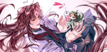 2boys ahoge bindi black_hanfu black_pants black_shoes brown_hair chibi chinese_clothes closed_mouth collared_robe curtained_hair floating_hair from_above frown gradient_background green_eyes green_hair green_robe half_updo hands_up hanfu heart heart_ahoge highres holding holding_mini_person holding_syringe large_syringe light_particles long_hair long_sleeves looking_at_another lower_teeth_only luo_binghe male_focus mini_person multiple_boys open_mouth oversized_object palms pants parted_bangs pink_background popped_collar red_eyes renzha_fanpai_zijiu_xitong robe shen_qingqiu shoes sidelocks smile somomori sweatdrop syringe teeth very_long_hair white_background white_robe wolf_cut xiao_guan_(headdress)