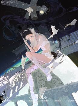 1girl black_hair boots commission cropped_shirt floating_hair frilled_shorts frills frown gloves grey_eyes hairband highres lace-up_boots long_hair midriff mr._owlish navel original see-through_clothes shirt short_shorts shorts sitting sleeveless sleeveless_shirt solar_panel space space_station thigh_strap torn_clothes very_long_hair white_footwear white_gloves