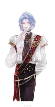 Rule 34 | 1boy, absurdres, arm behind back, bead belt, black pants, black shirt, blue gem, blue hair, blue nails, brooch, chinese commentary, commentary request, cropped legs, cross, cross necklace, curtained hair, earrings, ensemble stars!, gem, greek cross, green gem, hair between eyes, hand on own chin, heart, heart brooch, high-waist pants, highres, himeru (ensemble stars!), jewelry, latin cross, long sleeves, looking at viewer, male focus, multiple rings, nail polish, necklace, pants, parted bangs, pinky ring, pleated sleeves, purple gem, red sash, ring, romantic? date (ensemble stars!), sash, shirt, short hair, shoulder pads, shoulder sash, solo, standing, two-tone shirt, watermark, weibo watermark, white background, white shirt, yellow eyes, yuchong gao