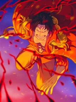 1boy aged_down black_hair clenched_teeth coat commentary_request fighting_stance gol_d._roger hat highres holding holding_sword holding_weapon incoming_attack jumping looking_at_viewer male_focus one_piece pectorals red_coat red_shirt serious shirt short_hair solo straw_hat sword teeth unworn_hat unworn_headwear weapon yorumesi_j