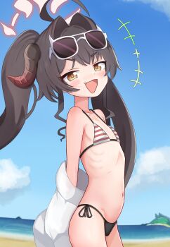 1girl arched_back arms_behind_back beach bikini black_bikini black_hair blue_archive blue_sky blush coat coat_partially_removed collarbone cowboy_shot day demon_horns dot_nose fang female_focus flat_chest from_side halo horns kasumi_(blue_archive) kasumi_(swimsuit)_(blue_archive) kommandoh laughing loli looking_at_viewer looking_to_the_side mesugaki multicolored_bikini naughty_face navel ocean open_mouth outdoors red_bikini red_halo ribs sand side-tie_bikini_bottom sky smile smug solo standing striped_bikini striped_clothes sunglasses_on_head swimsuit twintails white-framed_eyewear white_bikini white_coat