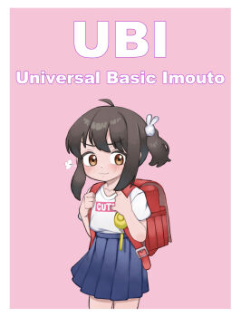 1girl :3 absurdres acronym ahoge backpack bag blue_skirt blush border brown_eyes brown_hair casual closed_mouth clothes_writing collarbone commentary cowboy_shot crime_prevention_buzzer english_commentary english_text hair_bobbles hair_ornament highres holding_strap light_smile looking_at_viewer mesugaki naughty_face original pink_background pleated_skirt print_shirt puff_of_air rabbit_hair_ornament randoseru red_bag romaji_text shirt short_hair short_hair_with_long_locks short_sleeves short_twintails sidelocks simple_background skirt smile smug solo standing t-shirt translated twintails v-shaped_eyebrows white_border white_shirt yokappa_(jokappa)