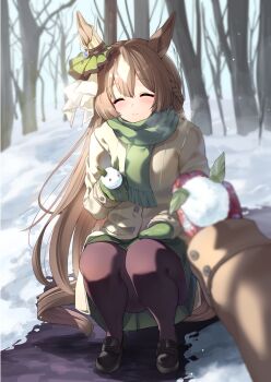 2girls :c ^_^ absurdres animal_ears bare_tree black_pantyhose black_shoes braid brown_hair buttons closed_eyes closed_mouth coat commentary_request day diamond_(shape) double-parted_bangs ear_ornament facing_viewer female_pov gloves green_gloves green_scarf green_skirt highres horse_ears horse_girl horse_tail kitasan_black_(umamusume) leaf loafers long_hair long_sleeves multiple_girls outdoors pantyhose pov red_gloves satono_diamond_(umamusume) scarf shoes skirt smile snow snow_rabbit snowflake_print squatting sunny_(20597521) tail tree umamusume very_long_hair winter yellow_coat