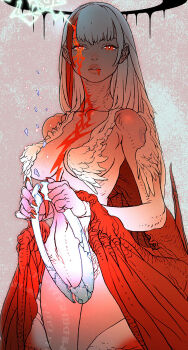 1girl bare_shoulders black_halo blood blood_from_mouth body_markings breasts bright_pupils commentary dragon_wings english_commentary feathered_hair feathers hair_over_breasts halo highres holding large_breasts long_hair looking_at_viewer multicolored_hair navel original parted_lips red_eyes red_nails red_streaks red_wings solo streaked_hair white_hair white_pupils wings yoshikawa_tatsuya