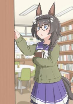 1girl animal_ears black-framed_eyewear black_hair blue_eyes blush book bookshelf bow bowtie braid braided_ponytail breasts cardigan crown_braid ear_ornament ear_scrunchie glasses green_cardigan highres holding holding_book horse_ears horse_girl horse_tail indoors koshiba_taiyaki library long_hair long_sleeves open_mouth purple_sailor_collar purple_serafuku purple_skirt sailor_collar sailor_shirt school_uniform serafuku shirt skirt solo tail tracen_school_uniform umamusume white_bow white_bowtie zenno_rob_roy_(umamusume)