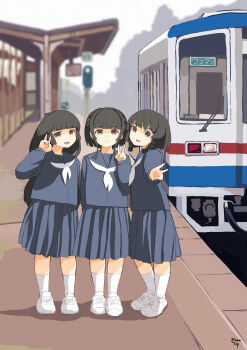 3girls alternate_hair_color blue_sailor_collar blue_serafuku blue_shirt blue_skirt braid dress etorofu_(kancolle) highres kantai_collection low_twintails mikura_(kancolle) multiple_girls neckerchief pleated_dress sailor_collar school_uniform serafuku shirt short_hair side_braids skirt socks standing toplow train train_station twin_braids twintails ukuru_(kancolle) white_neckerchief white_socks