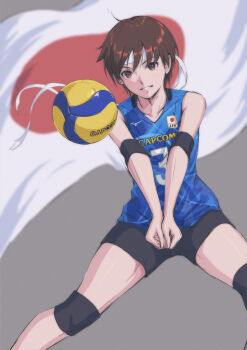 Rule 34 | 1girl, absurdres, ball, black shorts, blue shirt, brown eyes, brown hair, commentary request, elbow sleeve, headband, highres, japanese flag, kasugano sakura, knee sleeve, looking at viewer, parted lips, shirt, short hair, short shorts, shorts, sleeveless, sleeveless shirt, solo, sportswear, street fighter, street fighter zero (series), tyanoki, very short hair, volleyball, volleyball (object), volleyball uniform, white headband