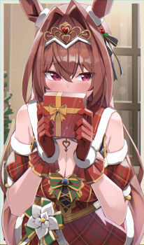 1girl absurdres animal_ears antenna_hair bare_shoulders blush bow bowtie box breasts brown_hair cleavage commentary_request daiwa_scarlet_(scarlet_nuit_etoile)_(umamusume) daiwa_scarlet_(umamusume) dress ear_covers fang fur-trimmed_dress fur-trimmed_gloves fur_armlet fur_trim gift gift_box gloves green_bow green_bowtie hair_between_eyes hair_intakes hand_up highres holding holding_gift horse_ears horse_girl kusubii large_breasts long_hair looking_at_viewer official_alternate_costume official_alternate_hairstyle plaid_clothes plaid_dress red_dress red_eyes red_gloves single_ear_cover solo tiara umamusume very_long_hair