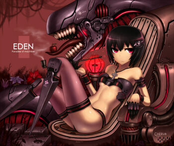 1girl amputee apple bare_shoulders black_hair female_focus food fruit gia kiseru machine original pink_eyes short_hair sitting smoking_pipe solo thighhighs tongue