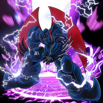 arm_blade armor aura ayachu_(getter_robo_artist) black_background blue_armor blue_eyes colored_sclera energy getter_robo getter_robo_(classic) god_getter highres horns hunched_over joints lightning looking_at_viewer magic_circle mecha mechanical_horns mechanical_wings no_humans ornate_armor purple_lightning red_wings robot robot_joints shin_getter_robo_vs_neo_getter_robo spikes super_robot weapon wings yellow_sclera