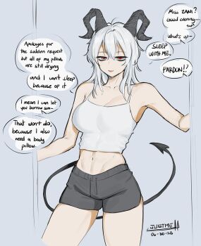 Rule 34 | 1girl, alternate costume, bare shoulders, black horns, black shorts, black tail, breasts, camisole, cleavage, collarbone, commentary, cowboy shot, crop top, curled horns, dated, demon tail, english commentary, english text, highres, horns, kakesu2396, large breasts, long hair, looking at viewer, midriff, navel, parted lips, red eyes, shorts, signature, solo, tail, white camisole, white hair, wuthering waves, zani (wuthering waves)