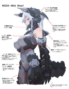 1girl absurdres android bare_shoulders bodysuit breasts commentary covered_navel grey_bodysuit headgear highres impossible_bodysuit impossible_clothes large_breasts long_hair looking_at_viewer m004_(natsukaze_shigure) mecha_musume mechanical_ears mechanical_tail natsukaze_shigure original ponytail red_eyes science_fiction simple_background skin_tight smile solo tail white_background white_hair