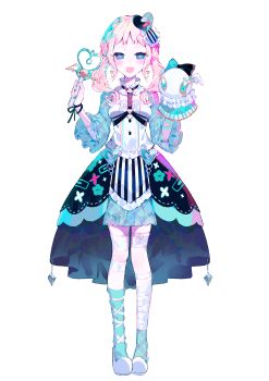 1girl :d absurdres bandaged_leg bandages blonde_hair blue_eyes blue_sleeves blue_socks braid breasts crown_braid frilled_shirt frilled_skirt frilled_sleeves frills full_body hair_ornament haishin_shoujo_no_uraaka_meikyuu hand_puppet hands_up heart heart-shaped_pupils heart_hair_ornament heart_wand highres holding holding_wand kagura_kuroa long_hair looking_at_viewer low_twintails official_art open_mouth plaid_clothes plaid_sleeves puppet second-party_source shirt shoes showgirl_skirt simple_background skirt small_breasts smile socks solo standing striped_clothes striped_skirt symbol-shaped_pupils twintails umemaro_(siona0908) vertical-striped_clothes vertical-striped_skirt wand white_shirt white_shoes