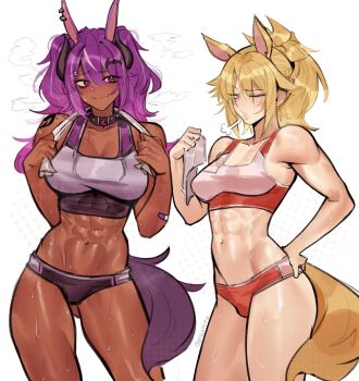 2girls abs absurdres animal_ears artist_name blonde_hair blush breasts collar commentary cowboy_shot dark-skinned_female dark_skin deccatezu english_commentary fate/apocrypha fate_(series) green_eyes hair_between_eyes hand_on_own_hip highres horns horse_ears horse_girl horse_tail looking_at_another looking_at_viewer medium_breasts mordred_(fate) multiple_girls navel one_eye_closed ponytail purple_hair shoulder_tattoo simple_background spiked_collar spikes sweat tail tattoo towel twitter_username white_background
