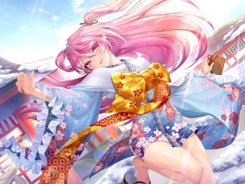 1girl action_taimanin alternate_costume artist_request bare_legs blush breasts day demon_girl dutch_angle felicia_(taimanin_kurenai) floating_hair japanese_clothes jumping kimono kiss lilith-soft long_hair looking_at_viewer naughty_face official_alternate_costume official_art outdoors pink_hair platform_clogs pointy_ears red_eyes scythe shiny_skin small_breasts smile solo sweat taimanin_(series) taimanin_kurenai tongue tongue_out twintails two_side_up very_long_hair wide_hips