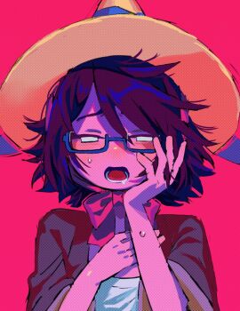 1girl adventure_time adventure_time:_fionna_and_cake aroused betty_grof blue_ribbon blush bow bowtie brown_hair commentary english_commentary glass hand_on_own_cheek hand_on_own_chest hand_on_own_face hat highres looking_at_viewer open_mouth pink_background pov red_bow red_bowtie ribbon saliva simple_background solo solo_focus sweatdrop tsujii_luki witch_hat yellow_hat