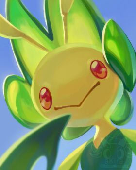 akira_(akira_art_poke) antennae artist_logo artist_name blue_sky day gen_5_pokemon leavanny logo looking_at_viewer nintendo outdoors pokemon pokemon_(creature) portrait red_eyes sky solo watermark