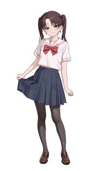 1boy absurdres black_pantyhose blue_skirt brown_eyes brown_hair clothes_lift crossdressing crossdressing_(mtf) earrings highres jewelry jiang_qian_xiao loafers looking_at_viewer mixed-language_commentary original pantyhose sailor_collar sailor_shirt school_uniform serafuku shirt shoes skirt skirt_lift trap twintails white_background white_sailor_collar