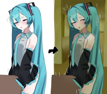 1girl ? absurdres akumuruji aqua_eyes aqua_hair aqua_necktie arrow_(symbol) backrooms_(creepypasta) black_skirt black_sleeves blush breasts collared_shirt confused cowboy_shot crotch_rub detached_sleeves female_masturbation grey_shirt hatsune_miku highres long_hair long_sleeves masturbation masturbation_through_clothes miniskirt motion_lines multiple_views necktie number_tattoo open_mouth pleated_skirt shirt shoulder_tattoo skindentation skirt sleeveless sleeveless_shirt small_breasts smile standing table table_humping tattoo twintails very_long_hair vocaloid