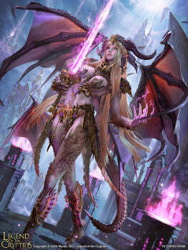 1girl armor armor_request artist_name between_breasts blonde_hair blue_eyes breasts castle cloud cloudy_sky commentary copyright_logo copyright_name copyright_notice dragon dragon_girl dragon_horns dragon_tail dragon_wings dutch_angle english_commentary fantasy fire glowing glowing_sword glowing_weapon gold_armor hand_up holding holding_sword holding_weapon horns large_breasts legend_of_the_cryptids light_particles light_rays lips logo long_hair long_sidelocks looking_at_object multiple_horns nose original outdoors pink_aura pink_fire realistic revealing_clothes scales shoulder_pads sidelocks sky solo spire stairs sunbeam sunlight sword tail very_long_hair walking weapon wings yu_cheng_hong