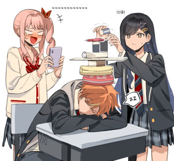 1boy 1girl 1other :d akiyama_mizuki androgynous black_hair black_jacket blank_eyes blue_hair blue_necktie blush book bow bowtie brown_eyes buttons cardigan cellphone chair closed_eyes closed_mouth collared_shirt commentary_request concentrating cowboy_shot dark_blue_hair desk diagonal-striped_bow diagonal-striped_bowtie diagonal-striped_clothes diagonal-striped_necktie drill_hair eraser facing_another facing_to_the_side frown gradient_hair grey_jacket grey_pants grey_skirt hair_ornament hairclip head_on_arm holding holding_phone hood hood_down hooded_jacket jacket kamiyama_high_school_uniform_(project_sekai) korean_commentary korean_text layered_clothes long_hair long_sleeves looking_at_object medium_hair multicolored_hair multicolored_shirt namgic necktie no_mouth on_chair open_clothes open_collar open_jacket open_mouth orange_hair pants paperclip_hair_ornament pen pencil_case phone pink_bow pink_bowtie pink_hair pink_shirt plaid_clothes plaid_skirt pleated_skirt pocket polka_dot project_sekai red_bow red_bowtie red_necktie red_trim ruler school_desk school_uniform serious shinonome_akito shiraishi_an shirt shirt_tucked_in short_hair side_ponytail sidelocks simple_background sitting skirt sleeping sleeping_upright smartphone smile speech_bubble spoken_zzz stack stacking standing star_(symbol) star_hair_ornament stationery striped_bow striped_bowtie striped_clothes sweat swept_bangs taking_picture tears translation_request trembling unbuttoned white_background white_cardigan white_shirt white_trim zipper zzz