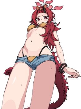 1girl arms_at_sides bikini black_horns blue_archive blush commentary_request denim denim_shorts dragon_girl dragon_horn dragon_tail feet_out_of_frame forehead foreshortening from_below hair_slicked_back hairband halo highleg highleg_bikini highres horns long_hair looking_at_viewer looking_down micro_shorts momomatang navel o-ring o-ring_bikini o-ring_top official_alternate_costume orange_bikini orange_hairband red_eyes red_halo red_tail renge_(blue_archive) renge_(swimsuit)_(blue_archive) short_shorts shorts simple_background single_horn slit_pupils solo stomach sweat swimsuit tail v-shaped_eyebrows white_background