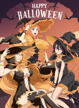 3girls absurdres alternate_eye_color artist_name black_hair bleach blue_eyes border bracelet breasts broom crossed_legs female_focus hair_ornament halloween halloween_costume happy_halloween hat highres inoue_orihime jewelry kuchiki_rukia large_breasts long_hair matsumoto_rangiku medium_hair multiple_girls open_mouth orange_hair puffy_sleeves shoes simple_background small_breasts snowflake_hair_ornament stayaliveplz striped_clothes striped_thighhighs thighhighs thighs white_border witch witch_hat