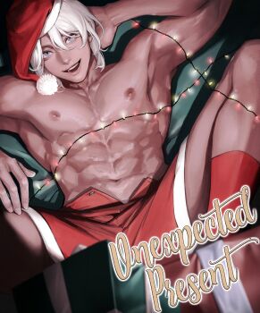 1boy abs armpits blue_eyes christmas_lights collarbone dark-skinned_male dark_skin english_text hat highres looking_at_viewer male_focus navel nipples open_mouth original pectorals red_socks santa_costume santa_hat sig_of smile socks solo spread_legs teeth toned toned_male topless_male upper_teeth_only white_hair
