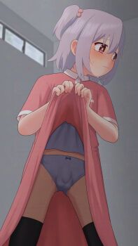 1boy adversarial_noise babydoll bare_arms black_thighhighs blue_babydoll blue_panties blush bow bow_panties bulge clothes_lift commentary crossdressing crossdressing_(mtf) dress dress_lift ear_blush embarrassed gluteal_fold grey_hair hair_between_eyes hair_bobbles hair_ornament happyundergate highres indoors lifting_own_clothes looking_to_the_side male_focus medium_hair one_side_up onii-chan_wa_oshimai! panties penis_in_panties pink_dress red_eyes senkawa_minato short_sleeves solo sweat thighhighs trap underwear wavy_mouth