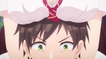 &gt;_&lt; 1boy 1girl ahoge animated anime_screenshot assertive_female bag black_bra black_socsk blush bouncing_breasts bra breast_press breast_rest breasts breasts_on_head brown_eyes brown_hair cleavage collarbone covered_erect_nipples covering_breasts covering_privates handbag highres hug hug_from_behind kohinata_iroha_(imouuzai) large_breasts lips navel necktie no_bra ooboshi_akiteru open_mouth pink_bra red_necktie red_skirt school_bag school_uniform shirt shoes sidelocks skirt smile socks sound stomach teasing thighs tomodachi_no_imouto_ga_ore_ni_dake_uzai underwear video whispering white_bra white_shirt