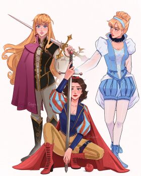 aurora_(disney) black_footwear black_hair blonde_hair blue_eyes blue_footwear blue_hairband boots brown_eyes brown_pants cape cinderella_(disney_character) cinderella_(disney_movie) crossover disney_princess gonzais hairband highres holding holding_sword holding_weapon long_hair looking_at_another looking_at_viewer over_shoulder pants puffy_short_sleeves puffy_sleeves purple_cape red_cape red_footwear short_hair short_sleeves simple_background sleeping_beauty_(disney) snow_white_(disney) squatting sword weapon weapon_over_shoulder white_background